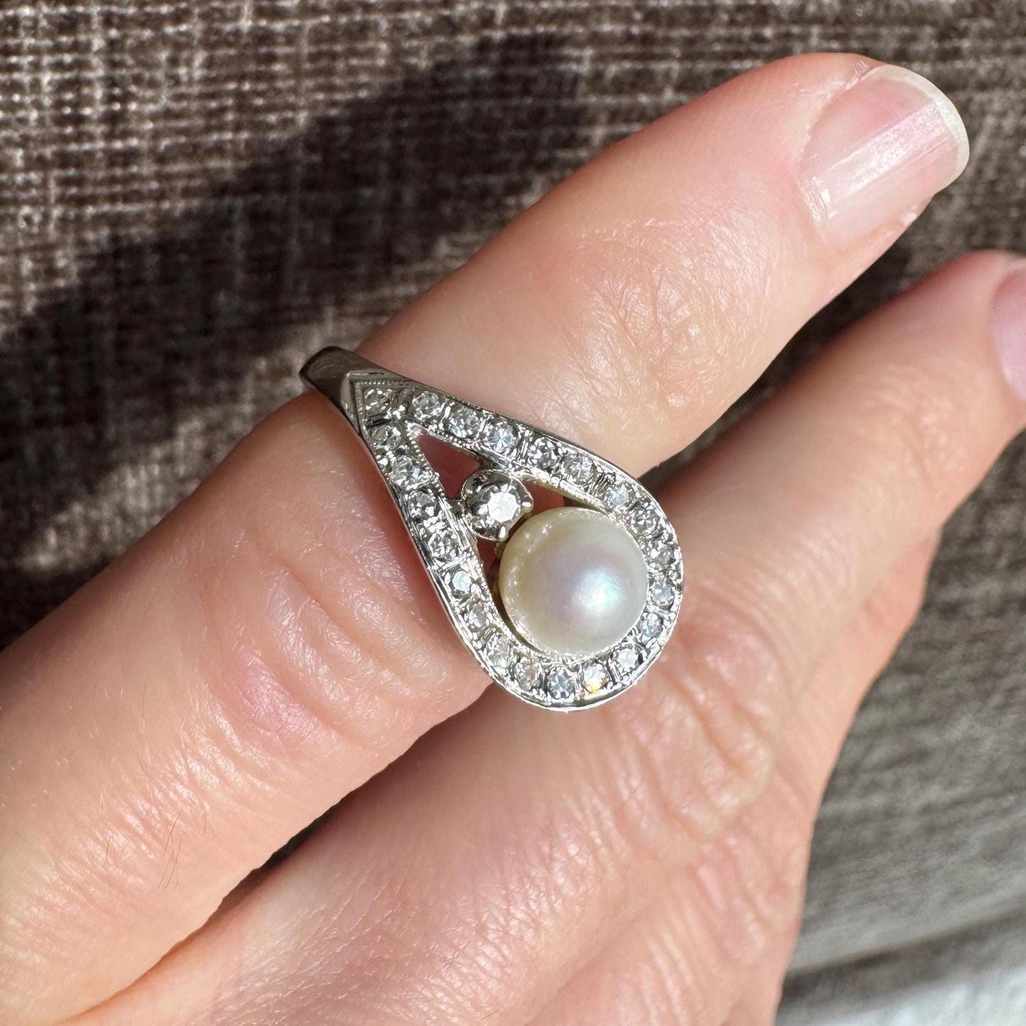 Vintage Art Deco 14k Solid White Gold Natural Pearl & Diamond Ring