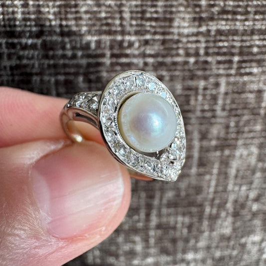 Vintage Art Deco 14k Solid White Gold Natural Pearl & Diamond Ring