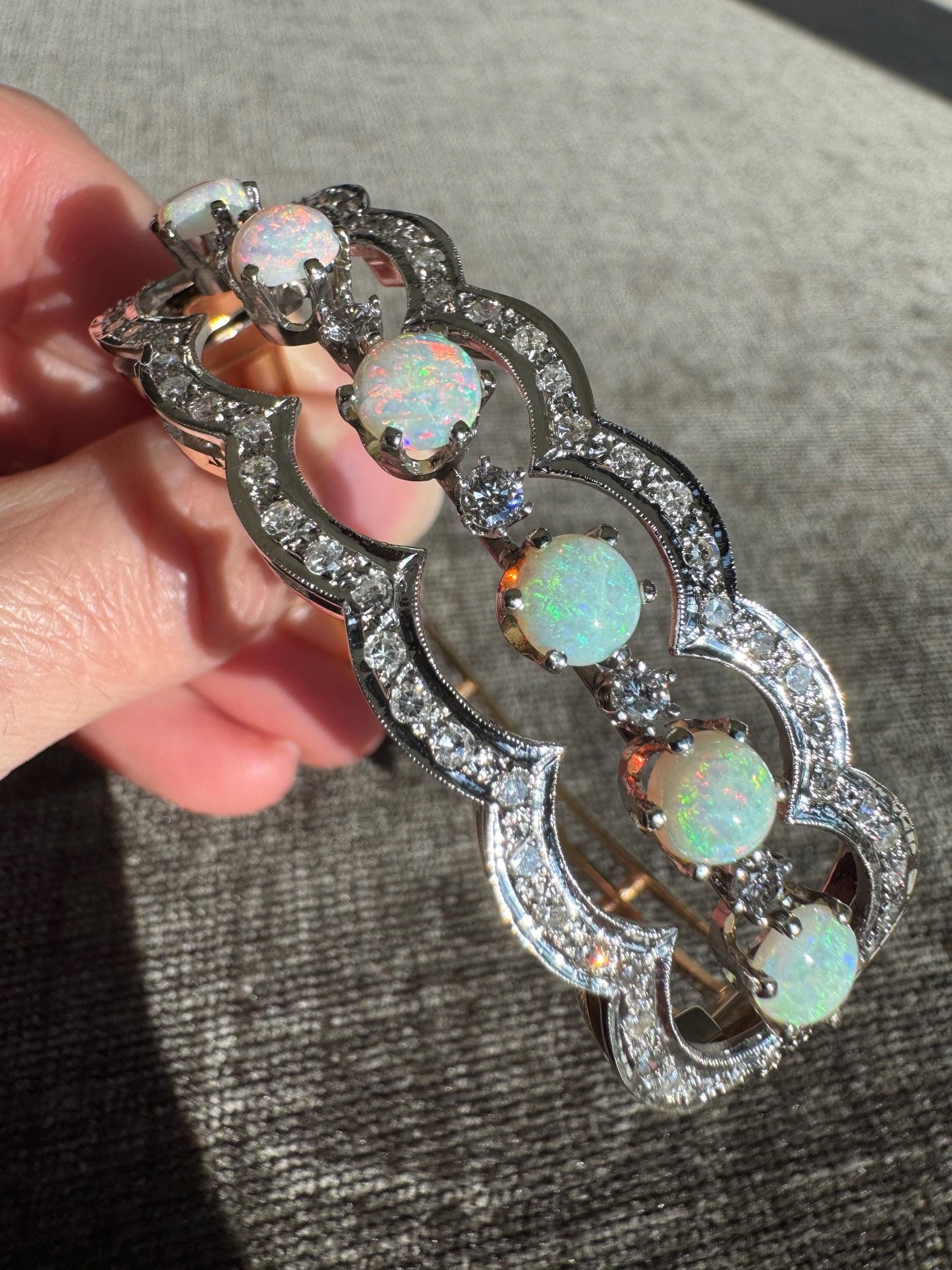 Vintage 14K Gold Opal & Diamond Bracelet: Edwardian Art Deco Bangle