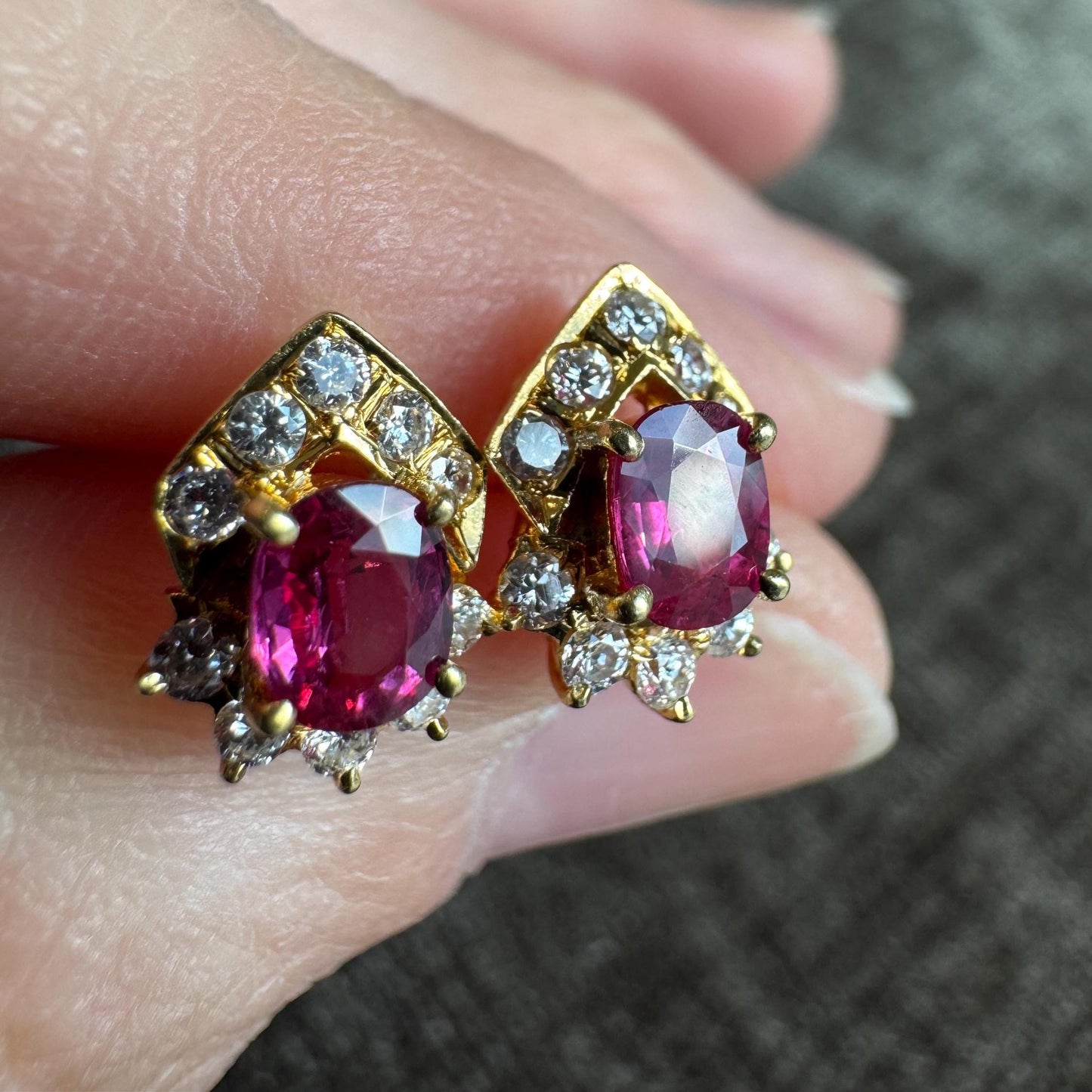 18k Natural Ruby & Diamond Earrings | Vintage Solid Gold Studs | Estate Fine Jewelry