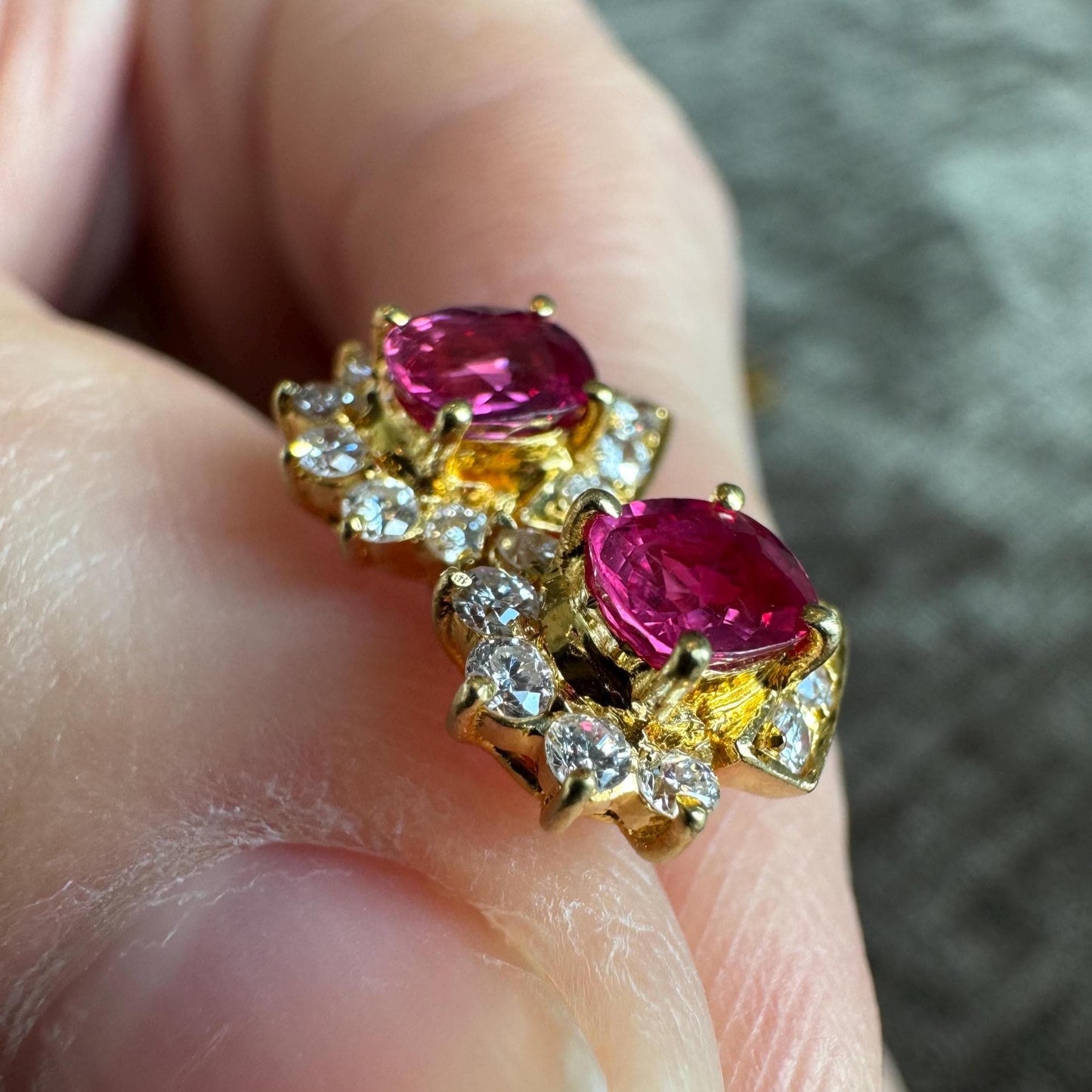 18k Natural Ruby & Diamond Earrings | Vintage Solid Gold Studs | Estate Fine Jewelry