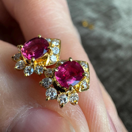 18k Natural Ruby & Diamond Earrings | Vintage Solid Gold Studs | Estate Fine Jewelry