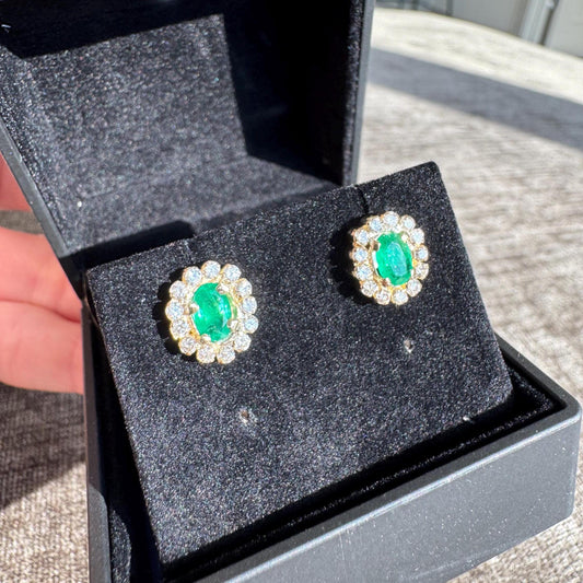 14k Natural Emerald & Diamond Halo Earrings | Vintage Solid Gold Studs | Estate Fine Jewelry