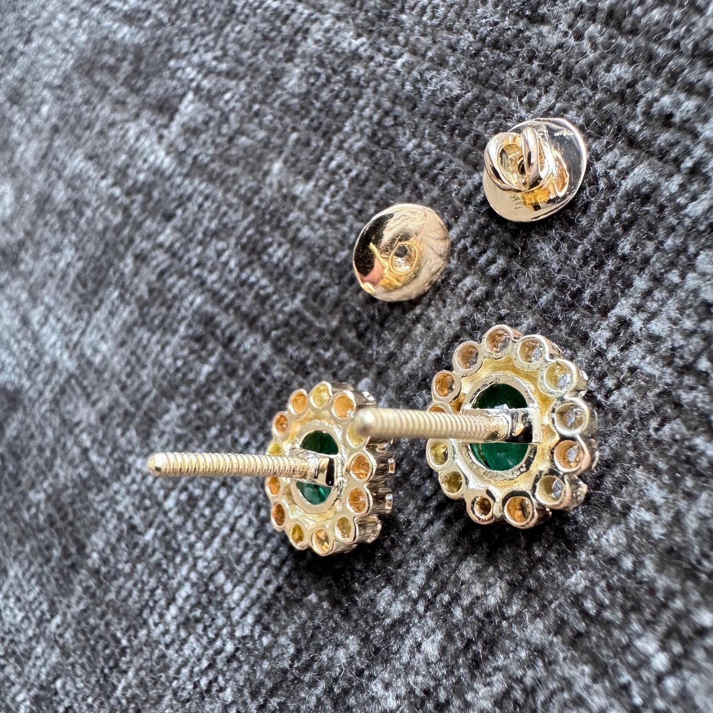 14k Natural Emerald & Diamond Halo Earrings | Vintage Solid Gold Studs | Estate Fine Jewelry
