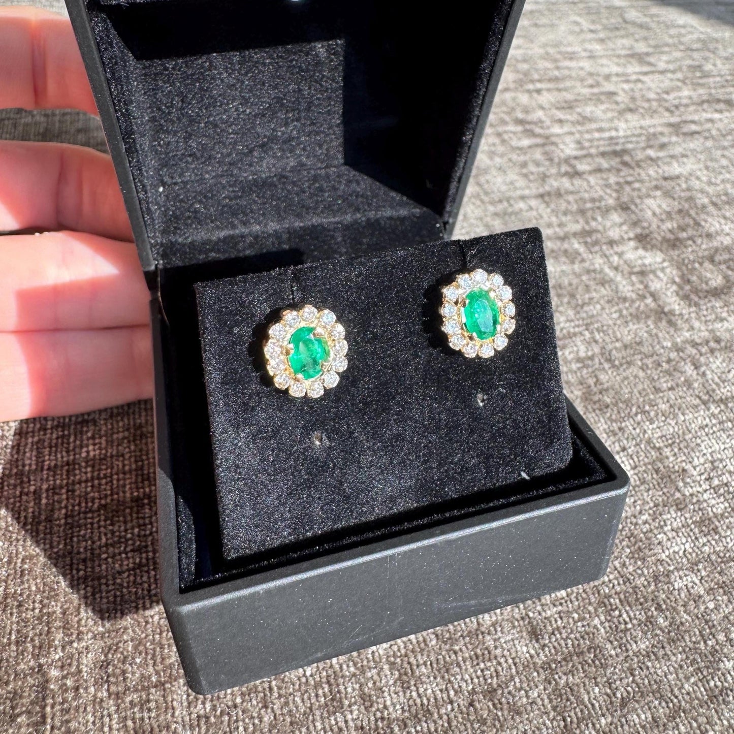 14k Natural Emerald & Diamond Halo Earrings | Vintage Solid Gold Studs | Estate Fine Jewelry