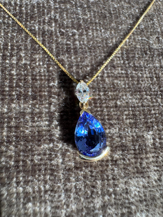 14k Yellow Gold Tanzanite & Diamond Pear Pendant: Fine Estate Jewelry