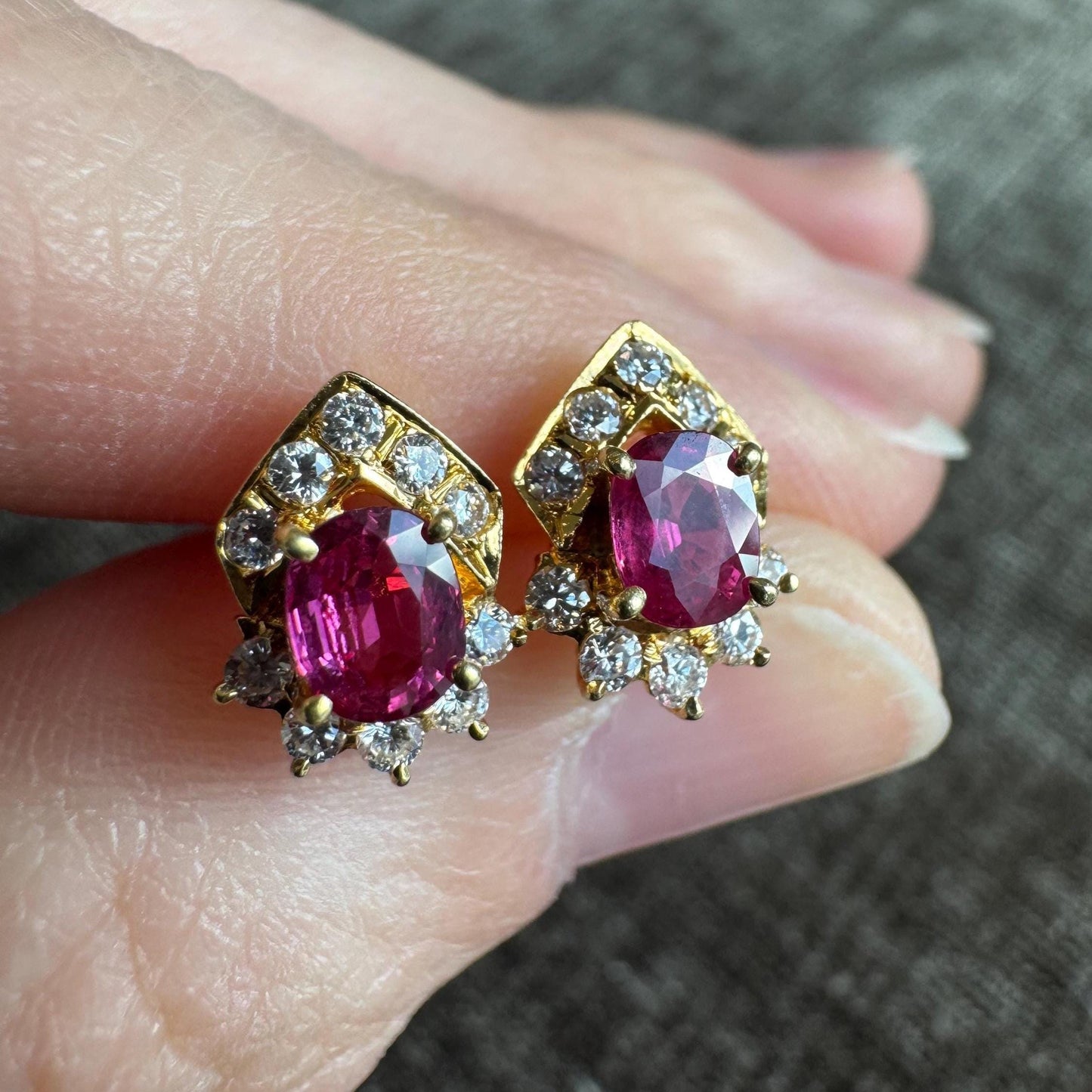 18k Natural Ruby & Diamond Earrings | Vintage Solid Gold Studs | Estate Fine Jewelry