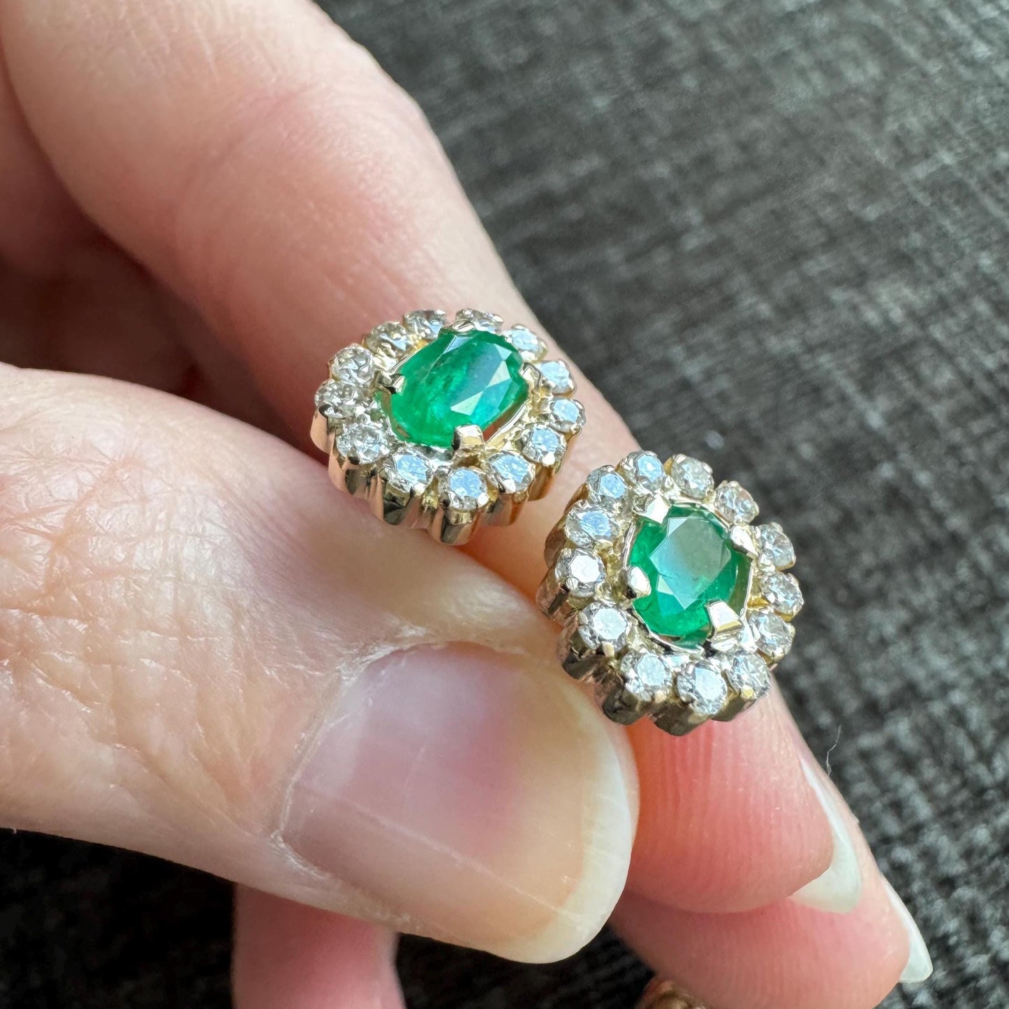 14k Natural Emerald & Diamond Halo Earrings | Vintage Solid Gold Studs | Estate Fine Jewelry