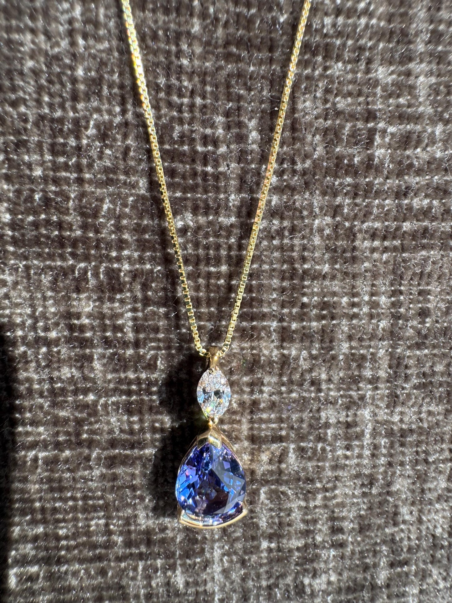 14k Yellow Gold Tanzanite & Diamond Pear Pendant: Fine Estate Jewelry