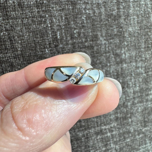Kabana Mother of Pearl Inlay & Diamond Ring 14k Gold Fine Jewelry