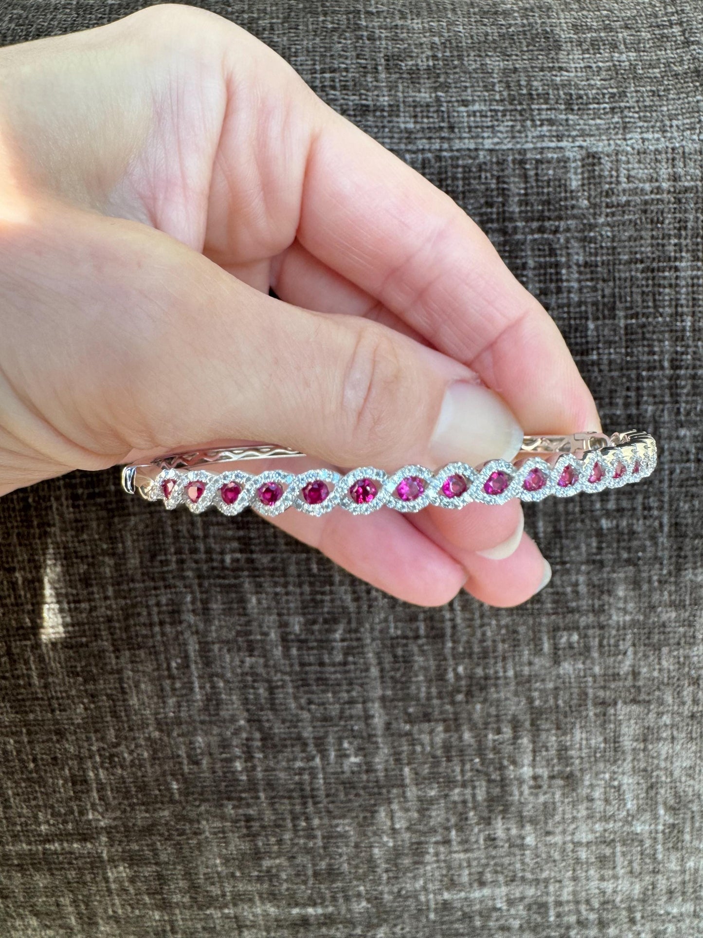 14k White Gold Ruby & Diamond Hinged Bangle Bracelet