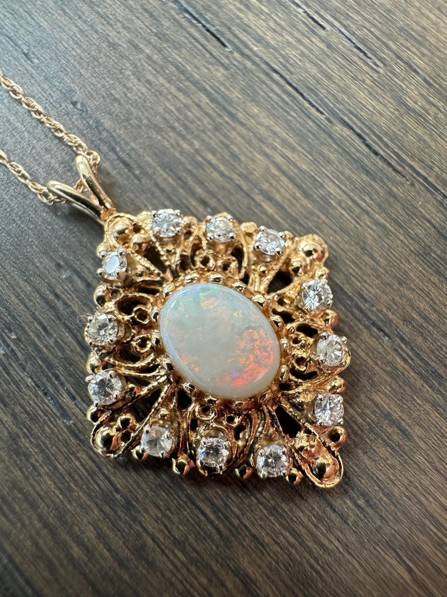 Vintage 14k Gold Opal & Diamond Pendant | Natural Opal Necklace | Fine Estate Jewelry