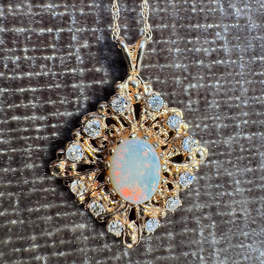 Vintage 14k Gold Opal & Diamond Pendant | Natural Opal Necklace | Fine Estate Jewelry