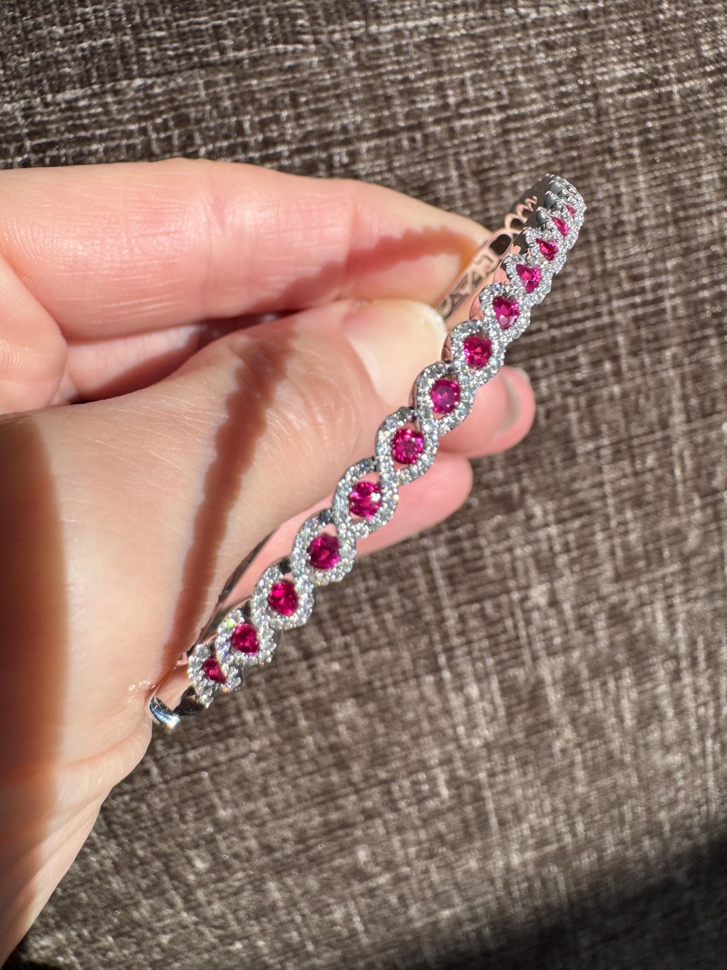 14k White Gold Ruby & Diamond Hinged Bangle Bracelet