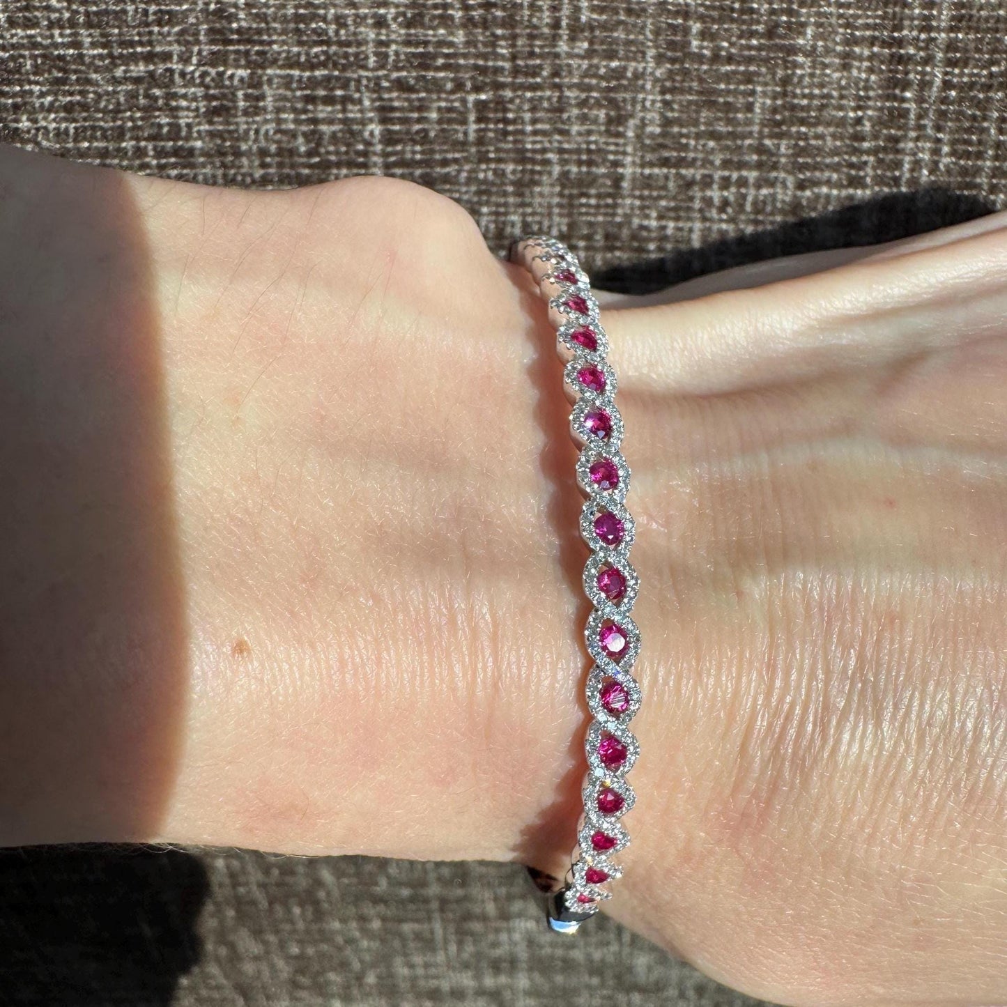14k White Gold Ruby & Diamond Hinged Bangle Bracelet
