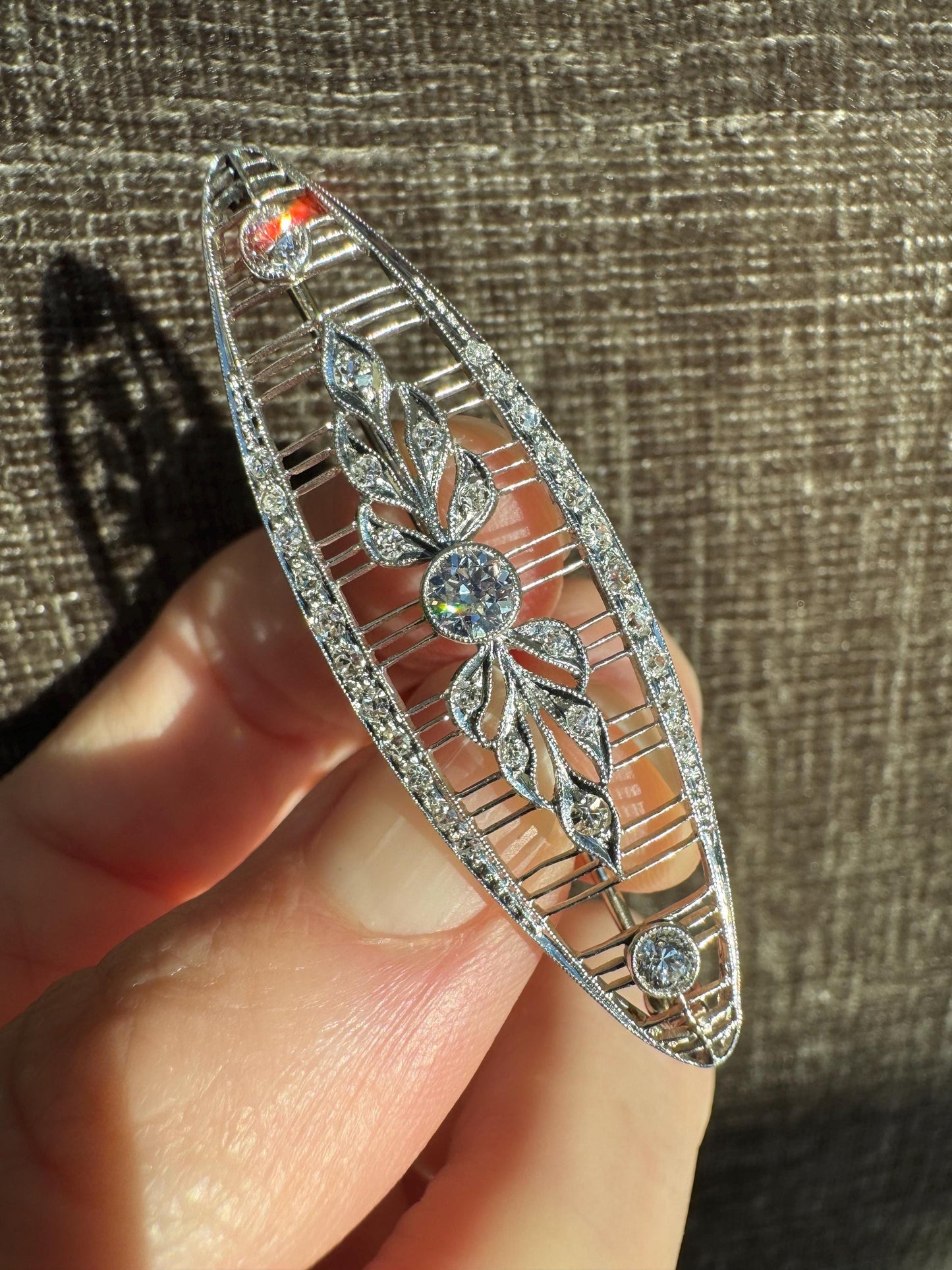 Art Deco Platinum & 14k White Gold Old European Cut Diamond Brooch – Circa 1920s