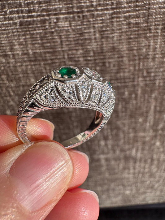 Art Deco Inspired Emerald & Diamond Ring in 14k White Gold – Size 7.5