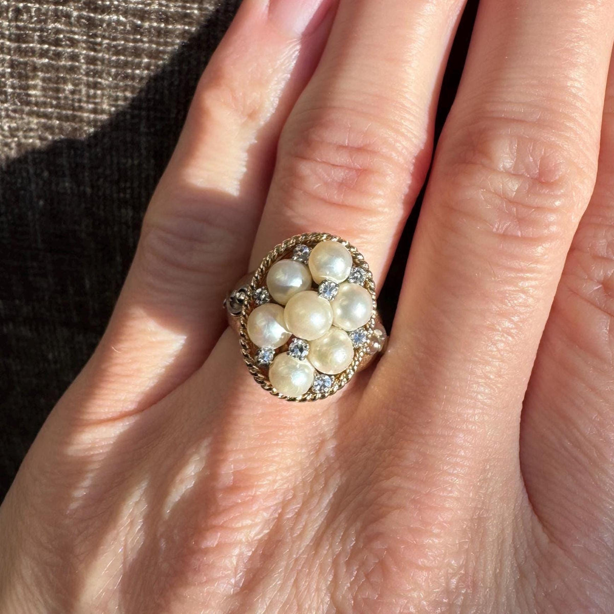 14k Solid Victorian Gold Pearl & Diamond Cocktail Ring