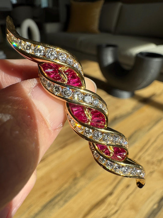 18K Yellow Gold Ruby and Diamond Krypeell Brooch | 6.20 CTW | Vintage Estate Pin