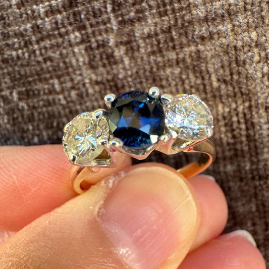 Vintage 14k Two Tone Gold Sapphire and Diamond Three Stone Ring