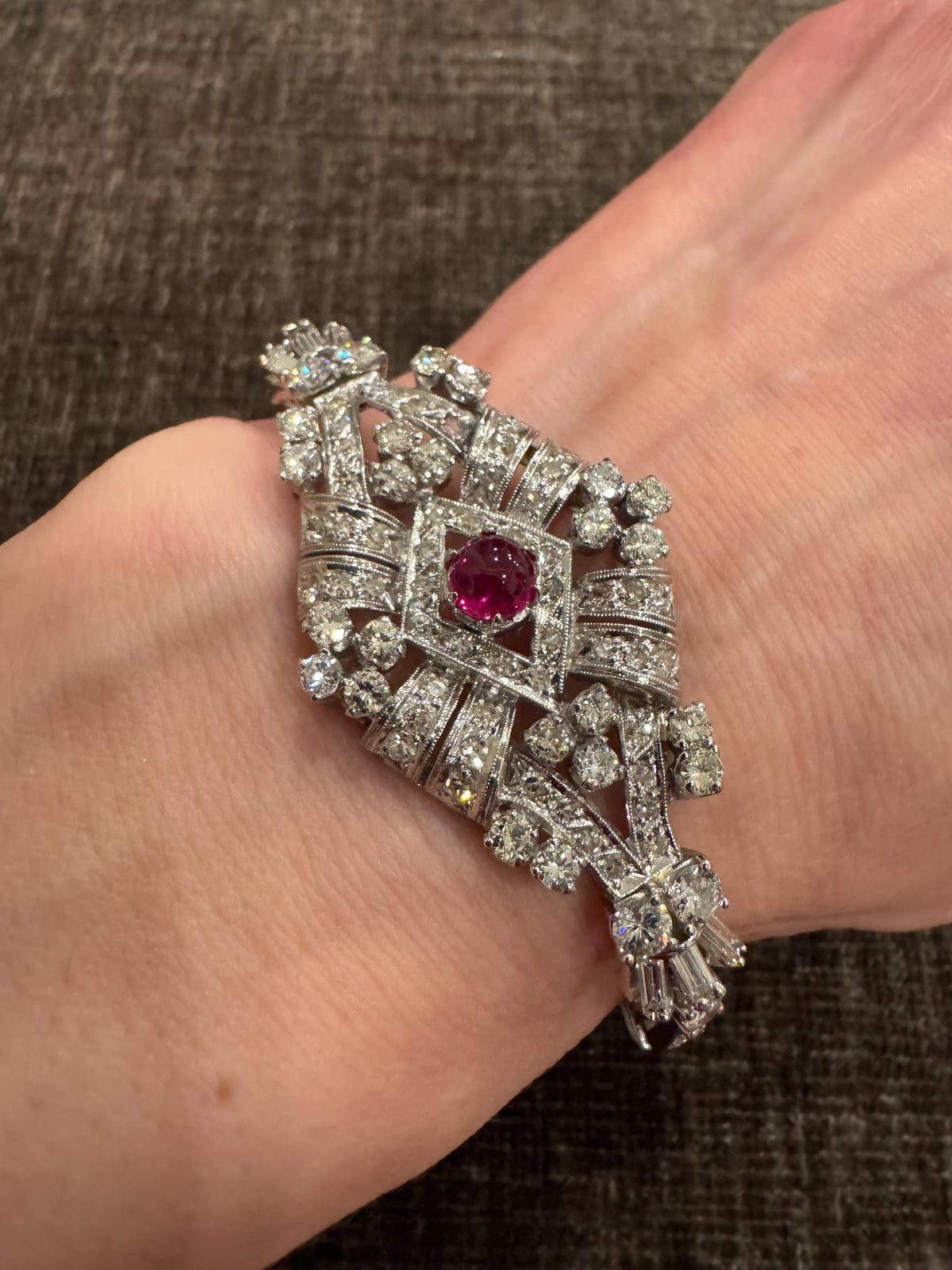 1935 Art Deco Solid Platinum Natural Diamond Bracelet with Ruby Cabochon