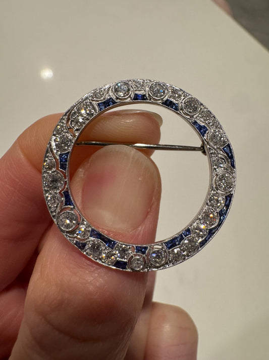Art Deco Diamond and Sapphire Circle Brooch in 14k White Gold – 1920s Estate Jewelry