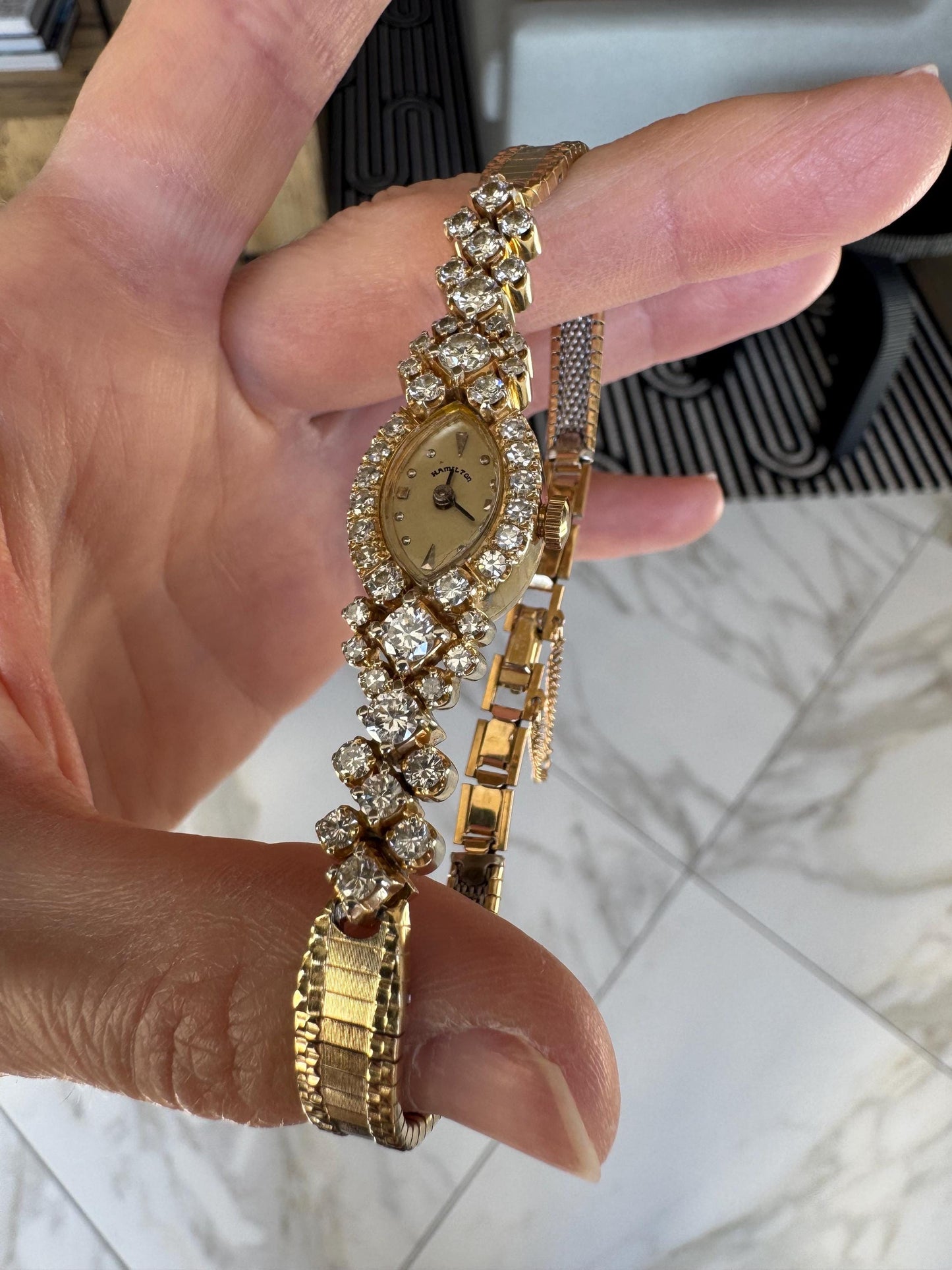 Vintage Hamilton 14k Solid Gold Diamond Bracelet Watch, 3.00 ctw, Art Deco