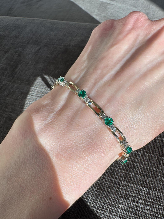 Vintage 14k Solid Yellow Gold Natural Emerald & Diamond Tennis Bracelet