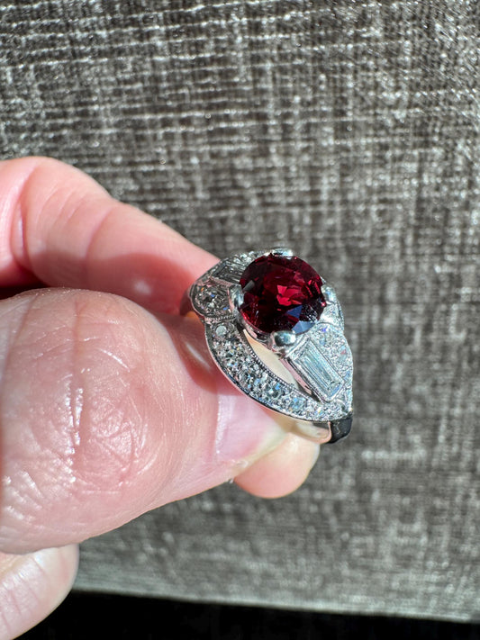 Art Deco Style Platinum Natural Deep Red Spinel & Diamond Ring