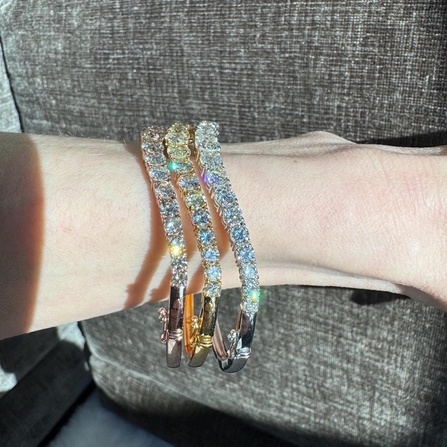 18K Gold Natural Diamond Bangle Bracelet Set, White Yellow Rose Gold