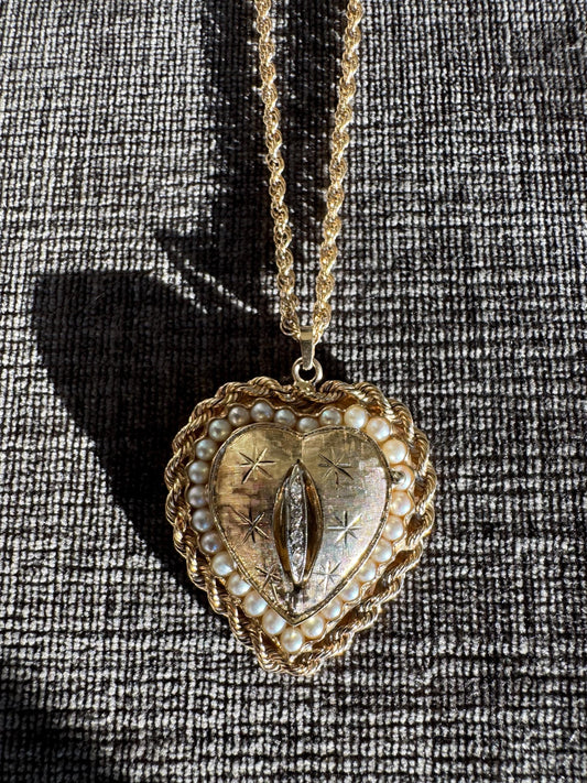 Vintage 14K Gold Heart Locket Necklace | Diamond & Pearl Pendant