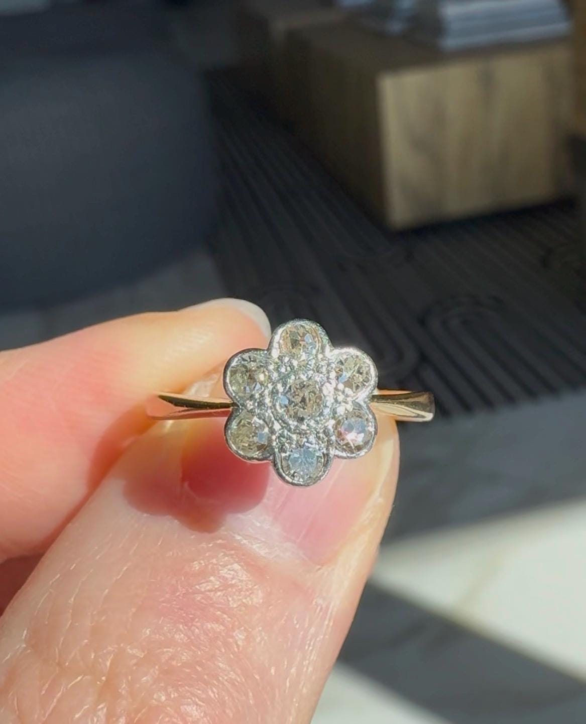 Antique Edwardian Solid 18k Gold Old Mine Cut Diamond Flower Ring Circa 1900