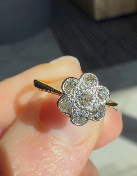 Antique Edwardian Solid 18k Gold Old Mine Cut Diamond Flower Ring Circa 1900