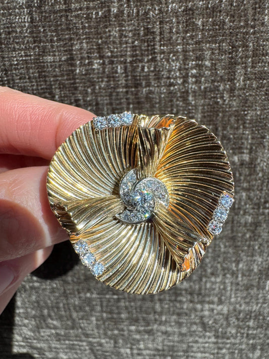 Retro Tiffany & Co. 14K Solid Yellow Gold 1.04 CTW Diamond Fluted Floral Brooch