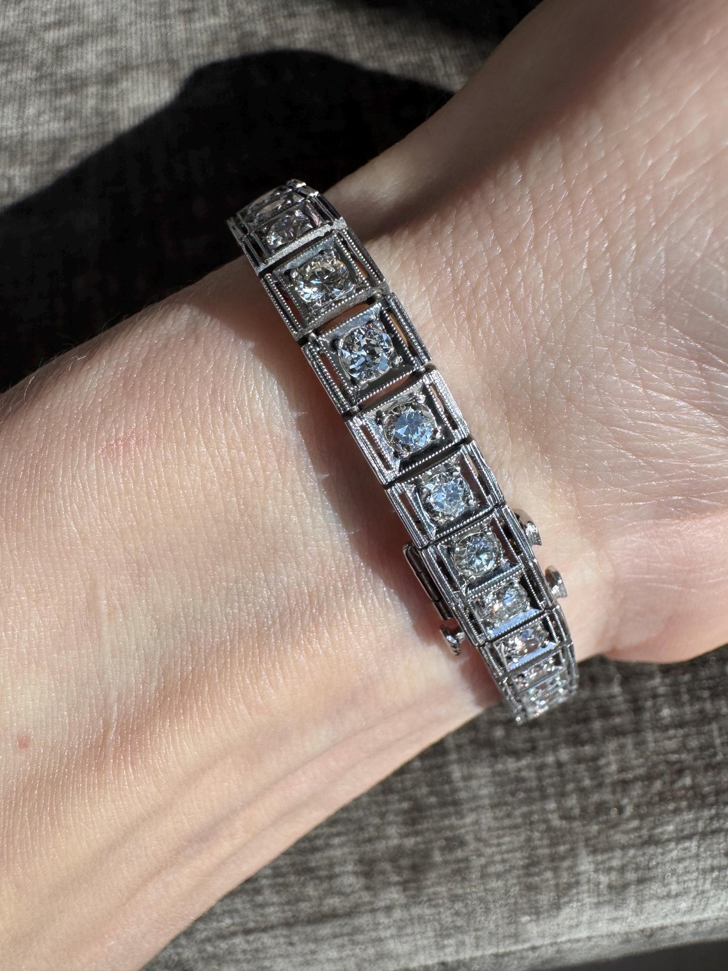 Art Deco Platinum Diamond Line Bracelet 6.60 CTW | Vintage Estate G VS1 Milgrain Edging