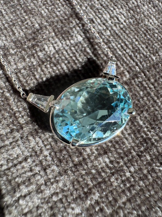 14K Solid White Gold Natural Aquamarine and Diamond Necklace
