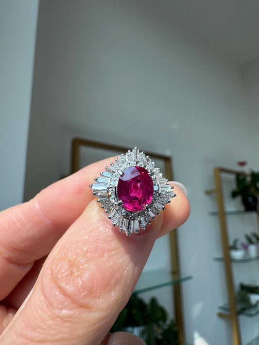 GIA Certified 1.68 Carat Natural Thailand Ruby & Diamond Platinum Ballerina Ring