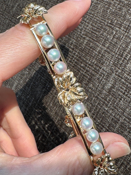 Vintage Mikimoto 14K Gold Cultured Pearl Grape Leaf Bracelet
