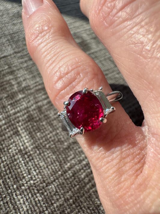 GIA Certified Natural Madagascar Ruby & Diamond Platinum Three Stone Ring
