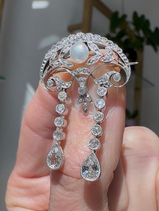 Edwardian Platinum Diamond Pearl Brooch | Antique Old Cut Diamond Drop Pin