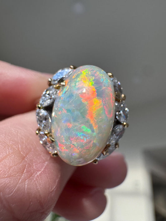 Australian 6.77ct Opal Platinum & 18K Gold and Marquise Diamond Ring