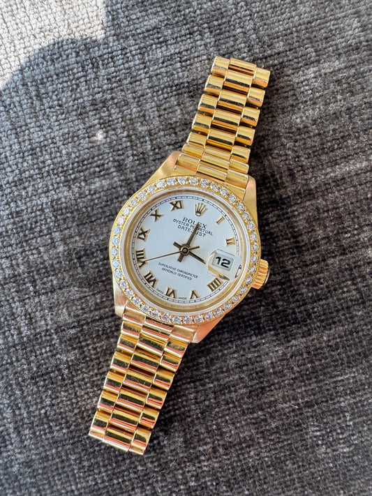 Vintage Factory Rolex Lady-Datejust 69178 18K Gold President Diamond Bezel | Box & Papers