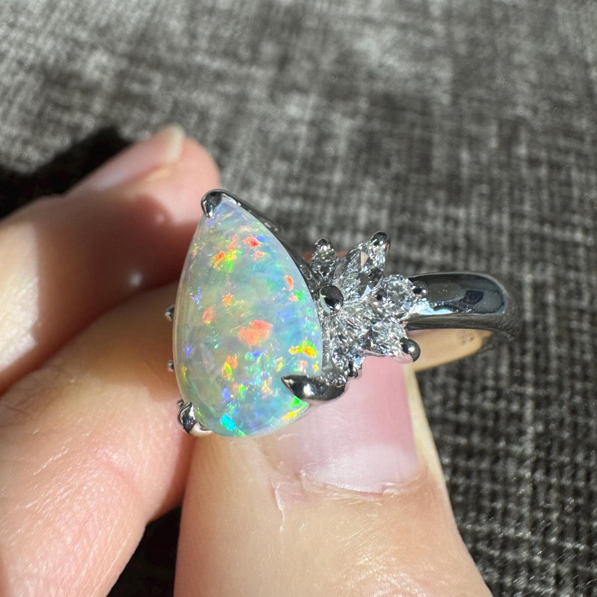 Pear Shaped Natural Australian Opal & Diamond Platinum Ring