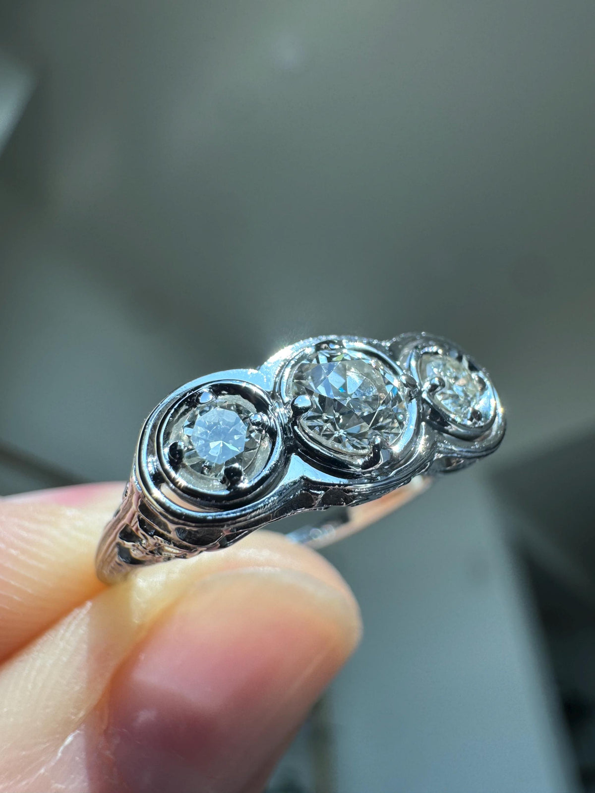 Vintage 14K White Gold Three Stone Ring | Old European Cut Diamonds, Art Deco Style