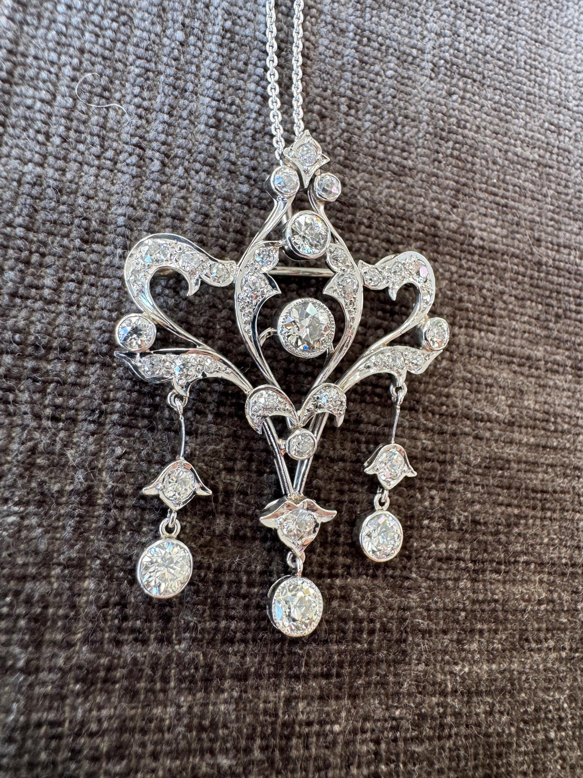 Antique Edwardian Belle Époque 3 CT Old Cut Diamond & Platinum Convertible Brooch Pendant Necklace