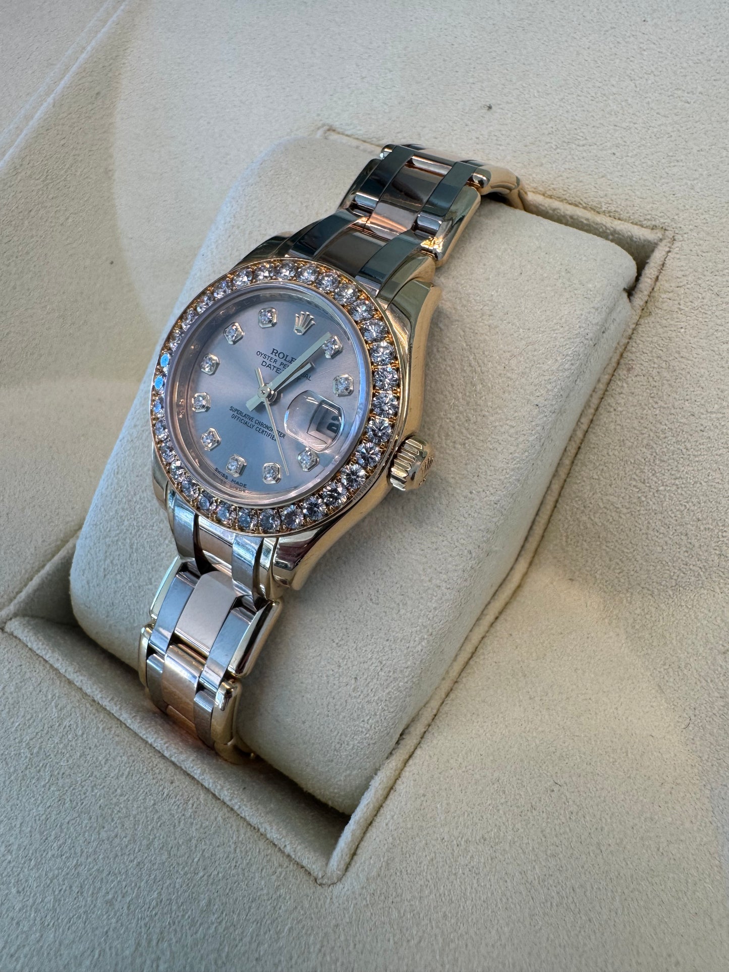 Rolex Pearlmaster Masterpiece 29mm Tridor Gold Diamond Watch | Ref 80298 | Steel Diamond Dial | 32 Diamond Bezel | Luxury Rolex Ladies Watch