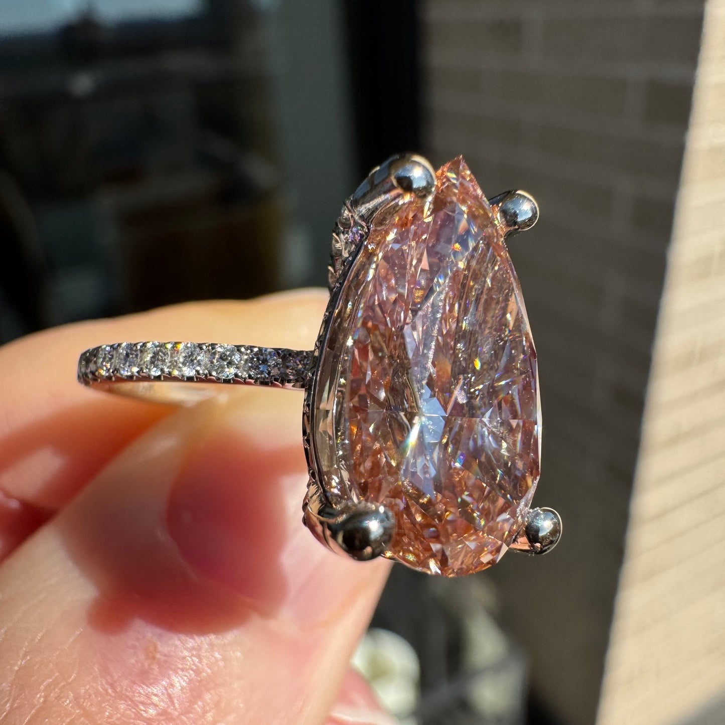 14k White Gold 5.04 Carat Pink Pear Shaped Lab & Natural Diamond Ring