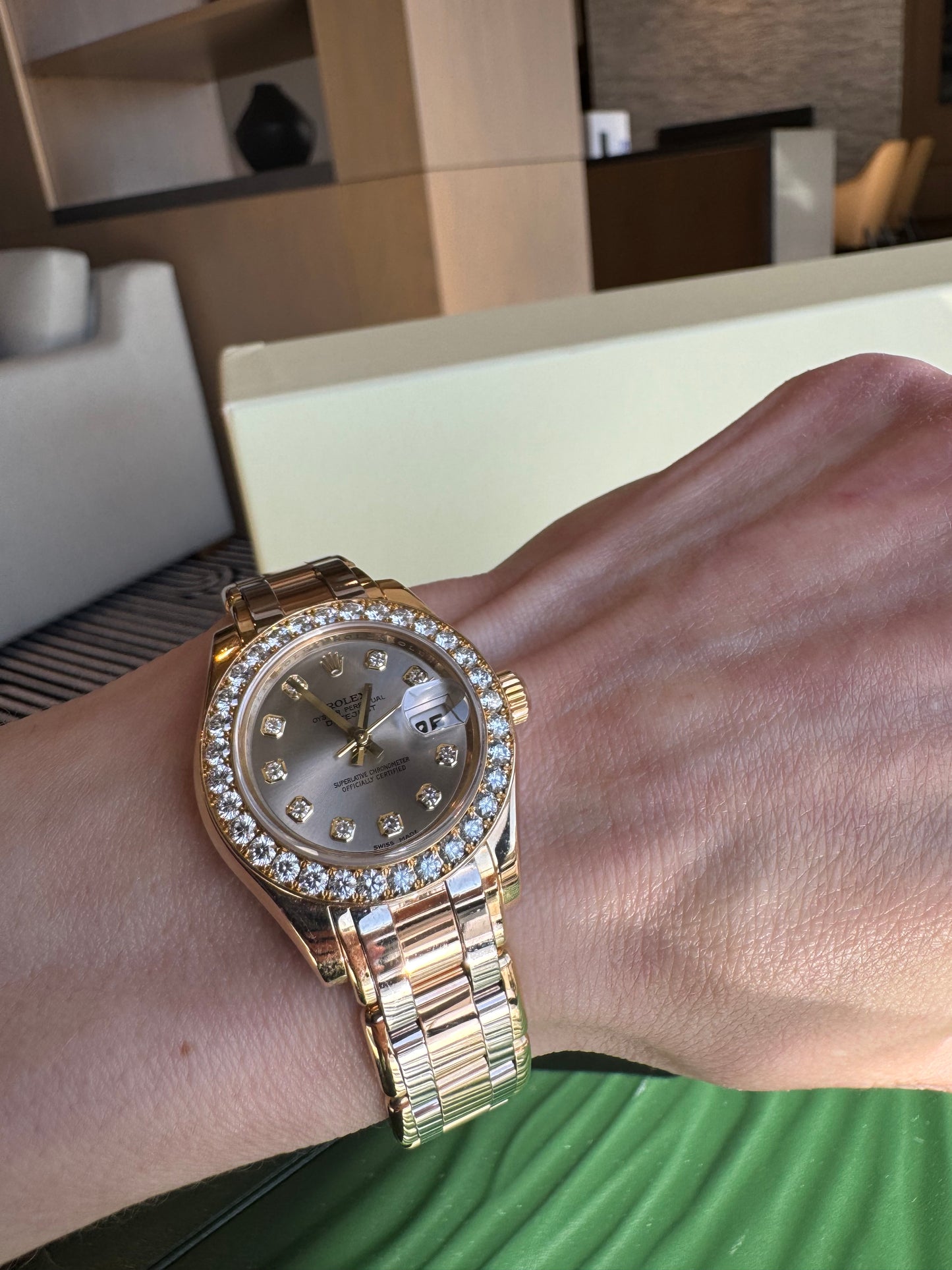 Rolex Pearlmaster Masterpiece 29mm Tridor Gold Diamond Watch | Ref 80298 | Steel Diamond Dial | 32 Diamond Bezel | Luxury Rolex Ladies Watch
