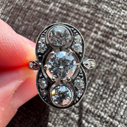 Art Nouveau 1.13 CTW Natural European Cut Diamond & 14k Solid White Gold Ring