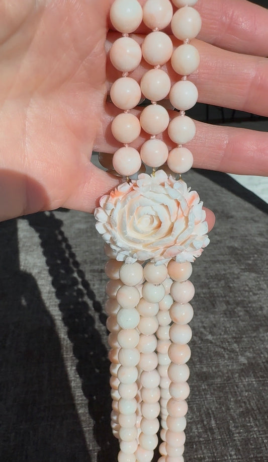 Vintage Angel Skin Coral 3 Strand Necklace With Carved Rose